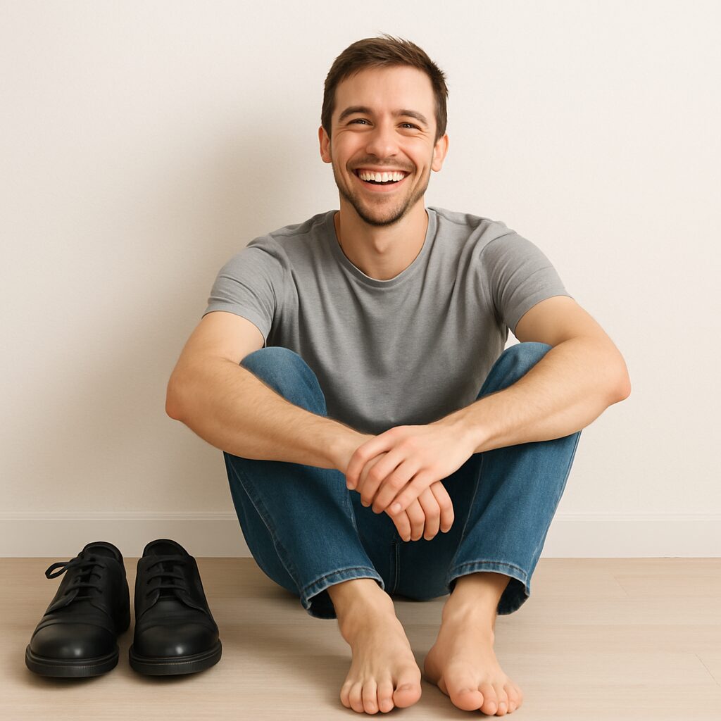 足指の臭いが改善して自信を持って靴を脱ぐ男性の笑顔